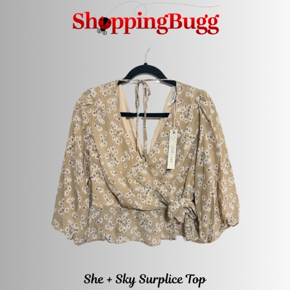 She + Sky Bubble Sleeve Surplice Blouse in Light Taupe ~ NWT! ✨ (SB1370) - Picture 3 of 8